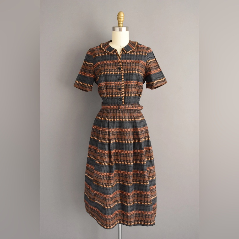 50s Vintage Dress Deadstock Striped Pattern with Original Belt
